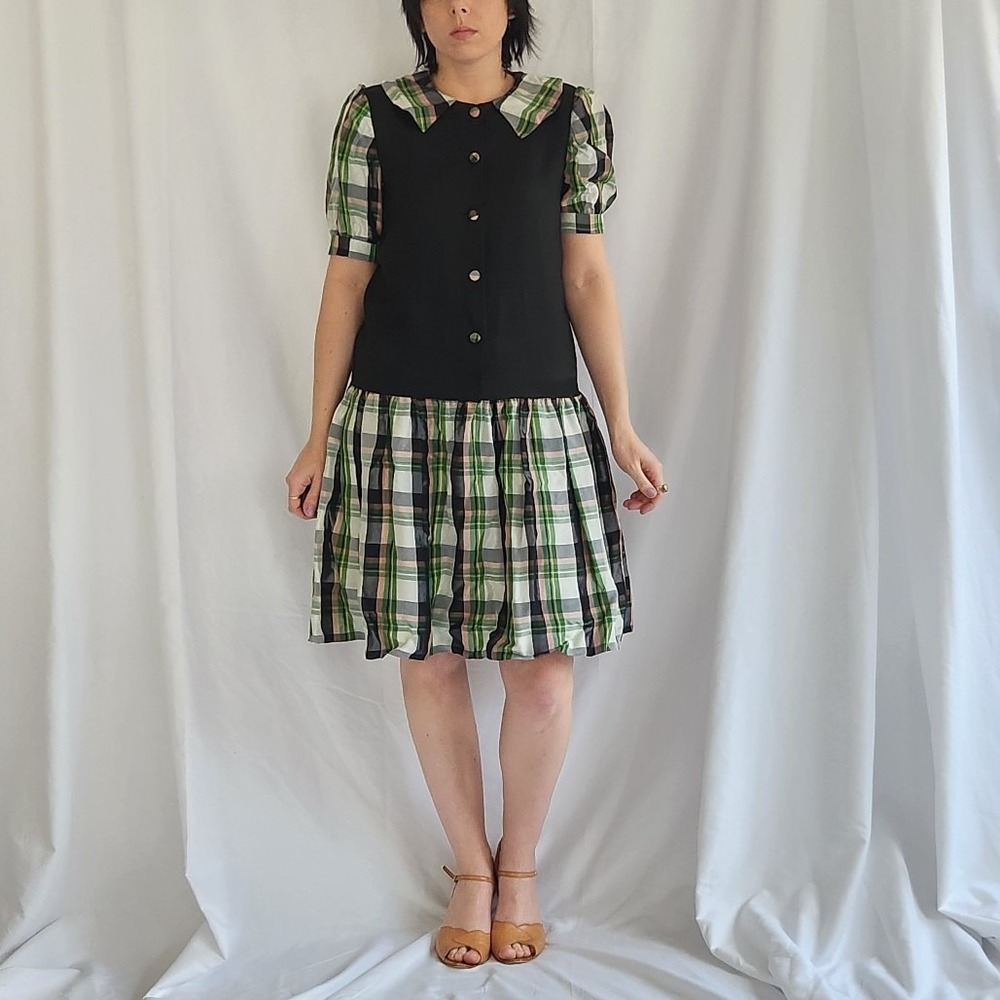70s Black, Green, and Pink Plaid‎ Drop Waist Dress